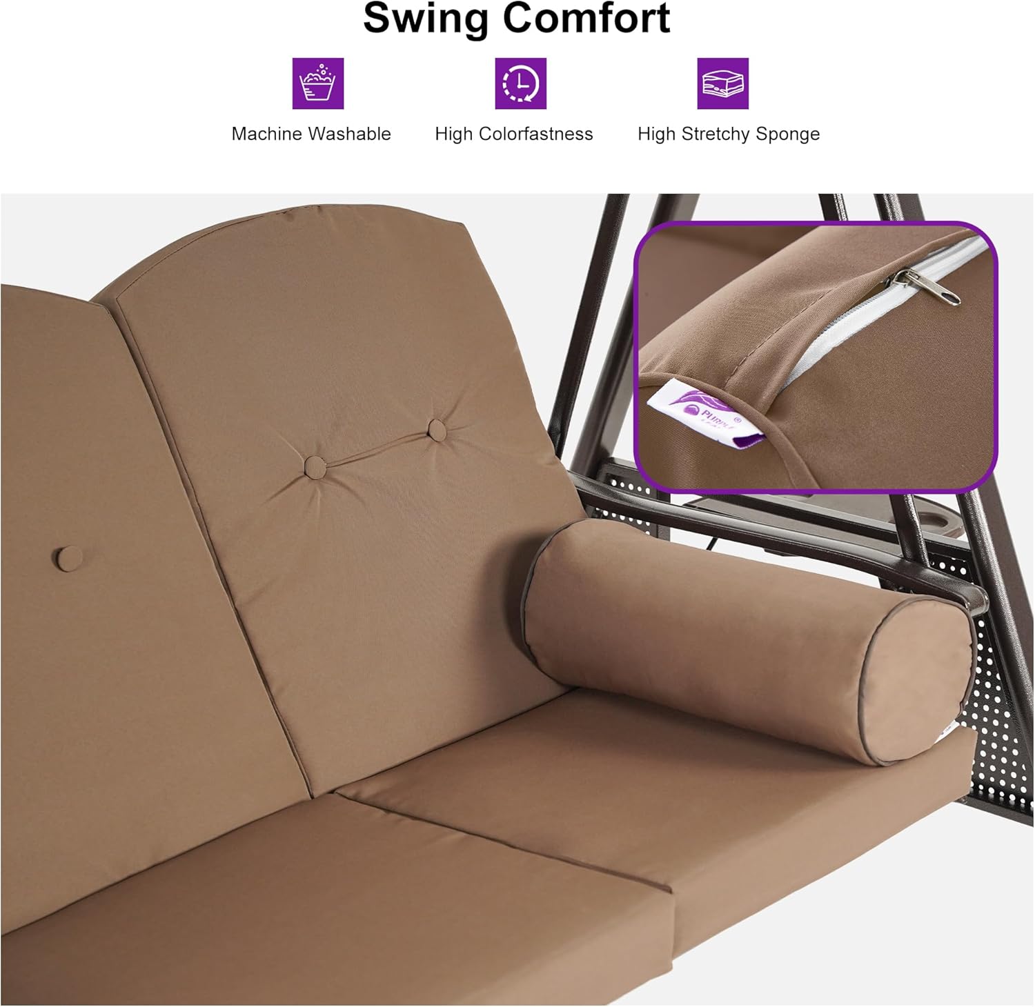 PURPLE LEAF Outdoor Patio Porch Swing with Adjustable PVC Canopy, 3-seat Swing Chair Bench with Side Cup Holder for Backyard Front Porch Lawn, Cushions and Pillow Included, Beige-VerdiqueGarden