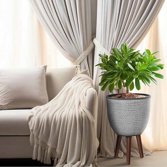 12 Inches Plant Pot with Stand, Large Decorative Standing Planters with Drainage Holes for Indoor Plants, Modern Gray Flower Pots with Legs-VerdiqueGarden