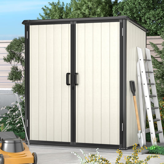 Aoxun Outdoor Storage Shed 5 x 3FT, Resin Shed with Floor and Lockable Door, Plastic Shed for Bike, Garbage Can, Tool, Accessories, Lawn, Garden - Beige-VerdiqueGarden