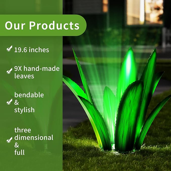 Upgraded Large Metal Yard Art, Metal Agave Plant Yard Decorations Outdoor Sculpture, Metal Flowers for Outside, Waterproof Outdoor Garden Decor (Blue (W/Solar Light))-VerdiqueGarden