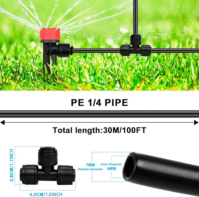 100FT PE Drip Irrigation Tubing, 1/4 inch Blank Distribution Tubing with 10PCS 1/4" Drip Irrigation Tee Connectors for Quick Connector Irrigation System-VerdiqueGarden