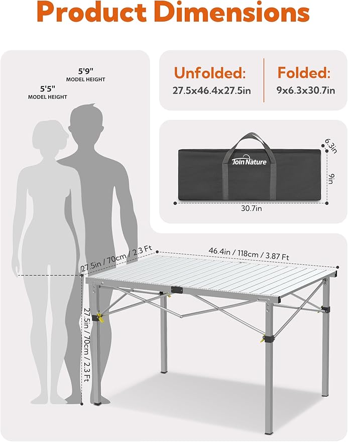 Large 46.4" Camping Table for 2-6 People - 220lbs Capacity Heavy Duty Foldable Outdoor Table with Aluminum Roll-Up Top & Carry Bag, Portable Picnic Desk for BBQ, Tailgating, Backyard (Silver)-VerdiqueGarden