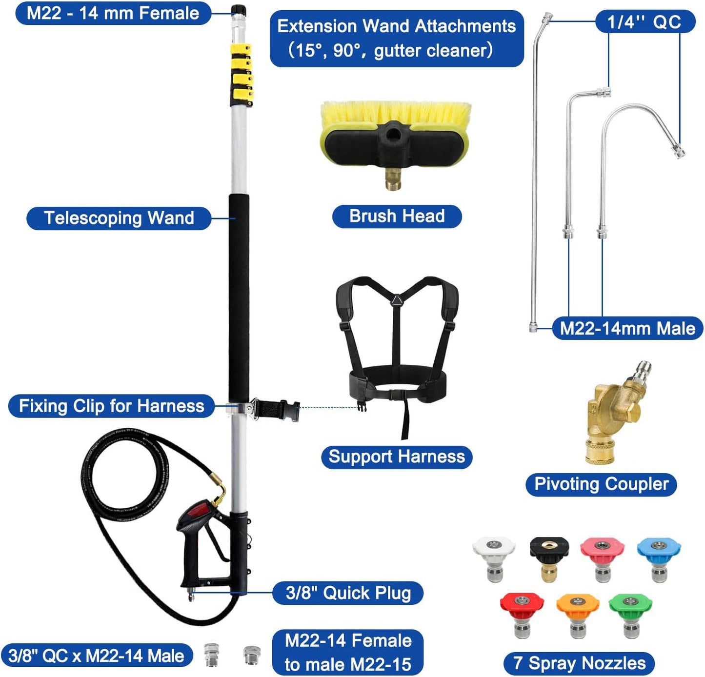 RAYNEL 24FT Telescoping Pressure Washer Extension Wand with Brush Head, 2 Power Washer Extension Wands, Gutter Cleaner Attachment, 7 Spray Nozzle Tips, Support Belt and 2 Hose Adapters-VerdiqueGarden
