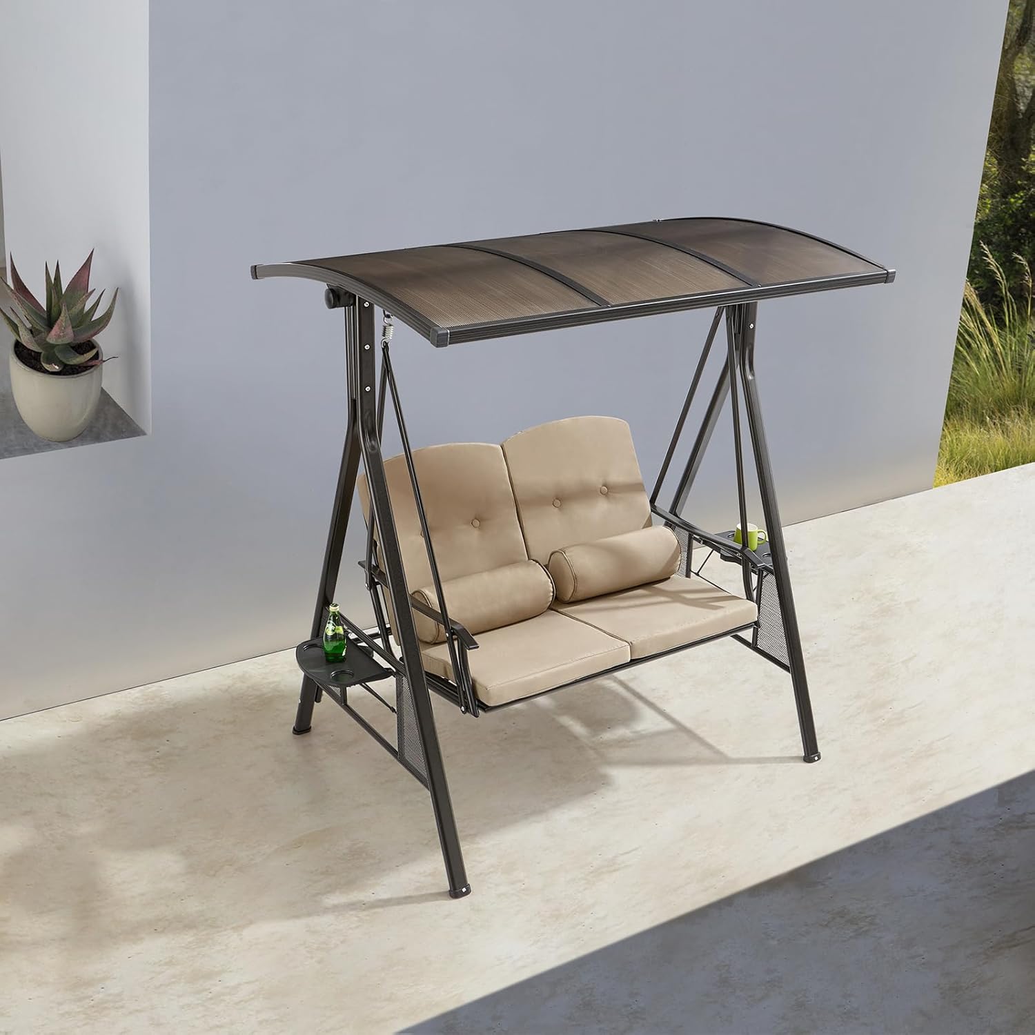 2/3-Seat Outdoor Patio Porch Swing with Adjustable Aluminum Alloy Canopy Solar Patio Swing Chair Bench with Footrest Side Cup Holder for Backyard Lawn (Panama-2 Seat)-VerdiqueGarden