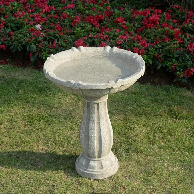 Bird Bath for Outdoor - 26'' Tall Resin Stone Modeling Design Birdbaths, Lightweight and Durable - Enhance Your Outside Garden with This Stunning Water Feature (Ivory White)-VerdiqueGarden