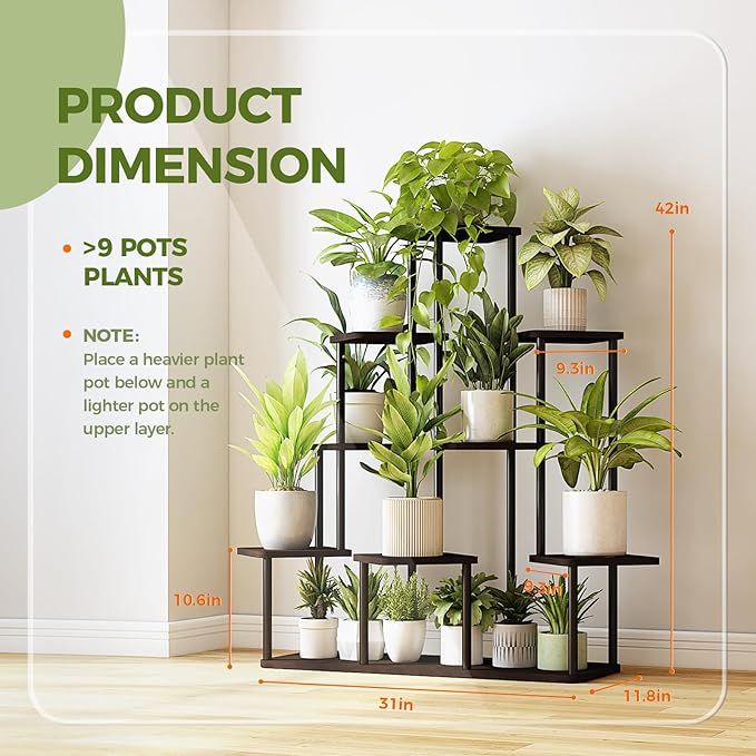 Bamworld Large Plant Stand Indoor, 9 Tier Tall Metal Plant Shelf for Multiple Plants, Tiered Flower Stand for Patio Garden Balcony Living Room Bedroom(Black)-VerdiqueGarden