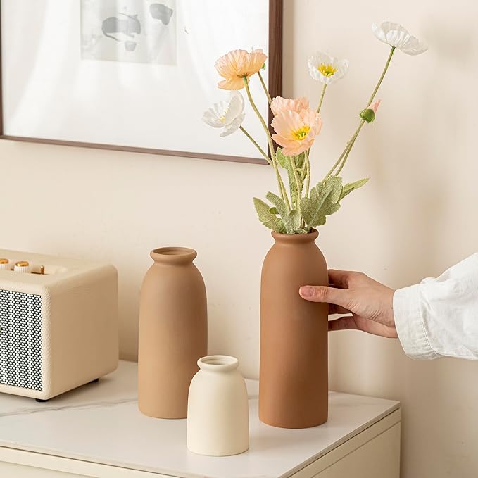 Ceramic Vase Set-3, Small Flower Vases for Decor, Modern Boho Farmhouse Style, Decorative Vases for Pampas Grass & Dried Flowers, Distressed Finish (Earth Tone)-VerdiqueGarden