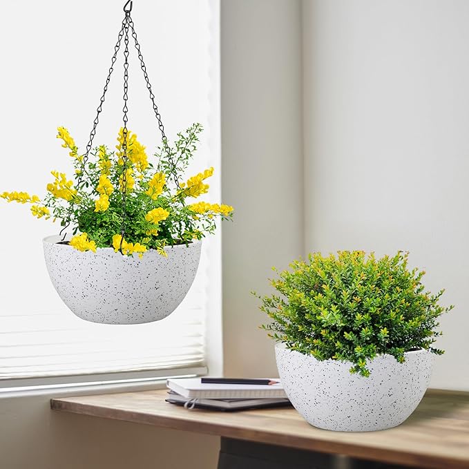10 inch Hanging Planters for Indoor Outdoor Plants, 2 Pack Hanging Flower Pots with Drainage Holes and Chain for Garden Porch, Plastic Hanging Baskets for House Plants, Speckled White-VerdiqueGarden
