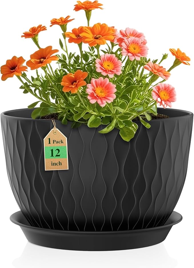 12 Inch Large Plant Pots for Indoor or Outdoor Plants, Wide Water Ripples Flower Pots with Drainage Holes & Saucer, Plastic Planters Set for Garden & Home Decor (Black)-VerdiqueGarden