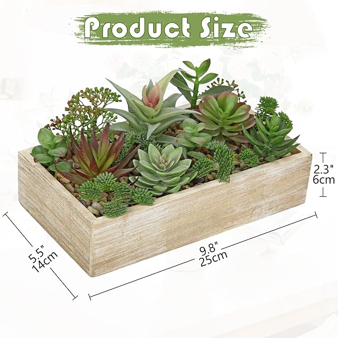 Artificial Succulent Plants in Pot 10 Inch Fake Succulent Arrangement Potted Succulents Plants Centerpiece in Rectangular Wooden Planter for Home Office Desk Shelf Living Room Bedroom Farmhouse Decor-VerdiqueGarden