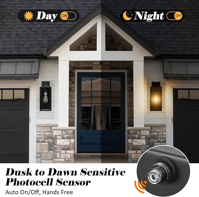 Dusk to Dawn Outdoor Wall Light Fixture, 16" Large Exterior Black Lantern Waterproof, Farmhouse Porch Sconce Lighting, Modern Wall-Mounted Outside Lights for House Garage, Patio Lamp-VerdiqueGarden