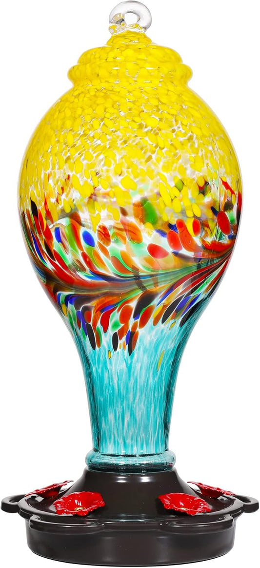 LUJII Hand Blown Glass Hummingbird Feeder for Outdoors with Ant Moat, Leak Proof & Rustproof,36 fl.oz, Metal Base Cover with 5 Feeding Ports & 5 Perches, Glass Art for Garden Decor (Blue Mixed Yellow)-VerdiqueGarden