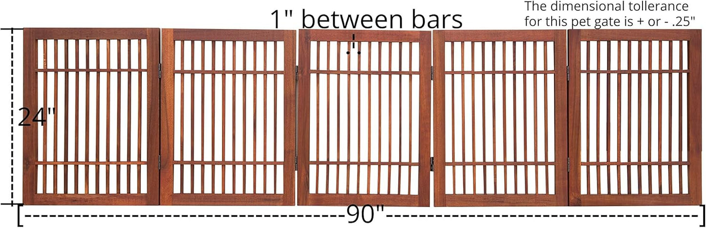Pet Dog Gate Strong and Durable Freestanding Folding Acacia Hardwood Portable Wooden Fence Indoors or Outdoors by Urnporium (Brown Pet Gate, 5 Panel 24" Tall)-VerdiqueGarden