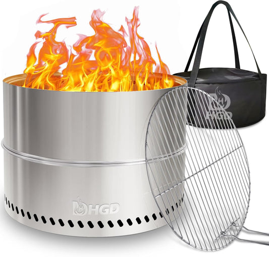 HGD 20 Inch Smokeless Firepit with Grill, Portable Wood Burning Fire Pit for Camping & Backyard, Stainless Steel Outdoor Fireplace with Travel Bag, Easy Setup & Compact Storage - Foldable Design-VerdiqueGarden