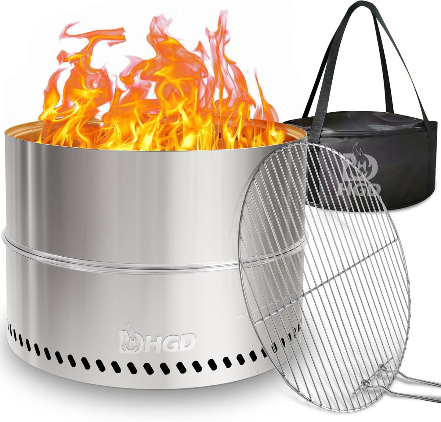 HGD 19.5 Inch Smokeless Firepit with Grill, Portable Wood Burning Fire Pit for Camping & Backyard, Stainless Steel Outdoor Fireplace with Travel Bag, Easy Setup & Compact Storage - Foldable Design-VerdiqueGarden