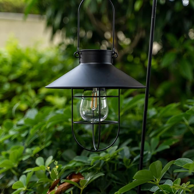 HUYIENO 2Pack Solar Metal Hanging Lantern with Shepherd Hook Outdoor Led Garden Lights Black-VerdiqueGarden