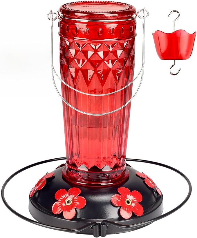 Hummingbird Feeder-16 Ounces，6 Feeding Ports Glass Hummingbird feeders for Outdoors,Wide Mouth for Easy Filling/Cleaning，Hanging for Garden Backyard Decor, Includes Ant Moat (Red)-VerdiqueGarden
