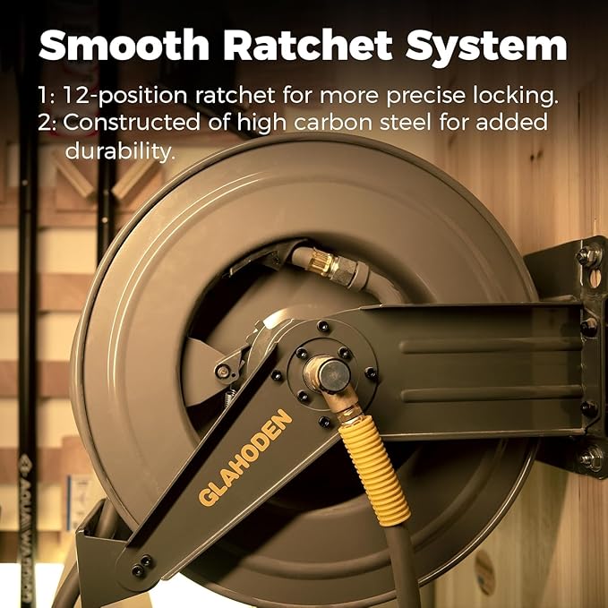 Double Arm Retractable Air Hose Reel, 3/8 in × 65 ft Hybrid Hose Heavy Duty Steel Professional Air Compressor Hose Reel with 5 ft Lead in Max 300PSI Auto Rewind Quick Coupler Swivel Fitting-VerdiqueGarden