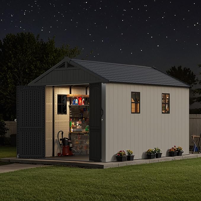 Patiowell 8 x 12 FT Resin Outdoor Storage Shed with Floor, Large Shed with Light and Lockable Door for Garden, Backyard, Tool Storage Use, Easy to Install in Beige (Kick-it Shed)-VerdiqueGarden