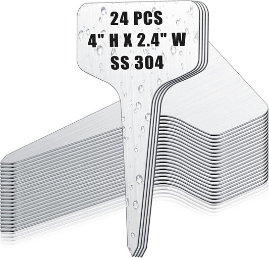 Hicarer 24 Pcs Durable Metal Plant Labels Christmas Gift Weatherproof Garden Markers Engraving Stainless Steel 304 T-Type Reusable Plant Tags for Gardeners Outdoor Greenhouse Vegetables(4x2.4 Inch)-VerdiqueGarden
