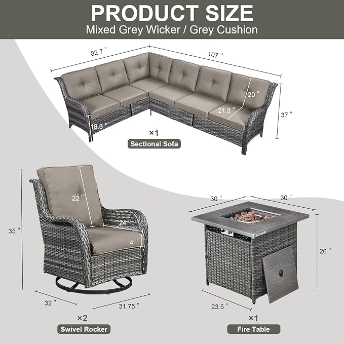 Outdoor Sectional Sofa Furniture Set with Propane Fire Pit Table, Wicker Patio Conversation Set with 2 Swivel Glider Rocker Chairs Grey Cushion Perfect for Backyard Casual Gathering-VerdiqueGarden