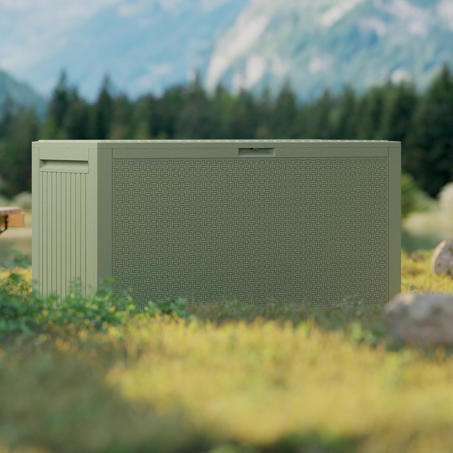 90 Gallon Outdoor Storage Box, Lockable Outside Storage Box Waterproof, Patio Cushions Deck Storage Boxes, Rattan Plastic Garden Hose Containers Resin Pool Storage Bins with lids, Sage Green-VerdiqueGarden