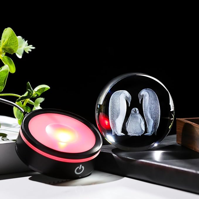 YWHL 3D Crystal Ball Penguin Figurine with LED Base Laser Penguins Gifts for Women Men on Christmas Birthday Decorative Penguin Statue Ball Glass Animals Globe Night Light for Home Decor (80mm)-VerdiqueGarden