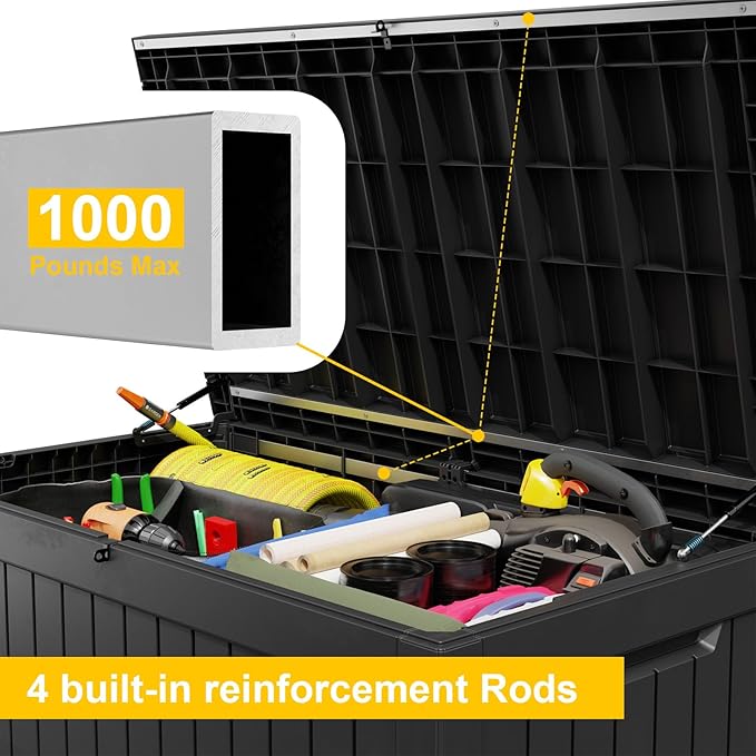 XXL 230 Gallon Large Resin Deck Box, Lockable Outdoor Storage Box for Patio Cushions Storage Furniture,Garden Tools, Pool Supplies, Weatherproof and UV Resistant- Black (230 Gallon)-VerdiqueGarden