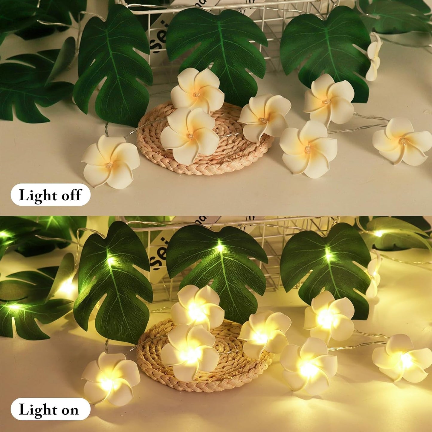 RECUTMS Monstera Leaf String Lights Artificial Foam Plumeria Tropical Palm Leaves Flower 40 LED Battery Operated Fairy Light Hawaiian Luau Beach Party Summer Decorations Outdoor Indoor(White+Green)-VerdiqueGarden