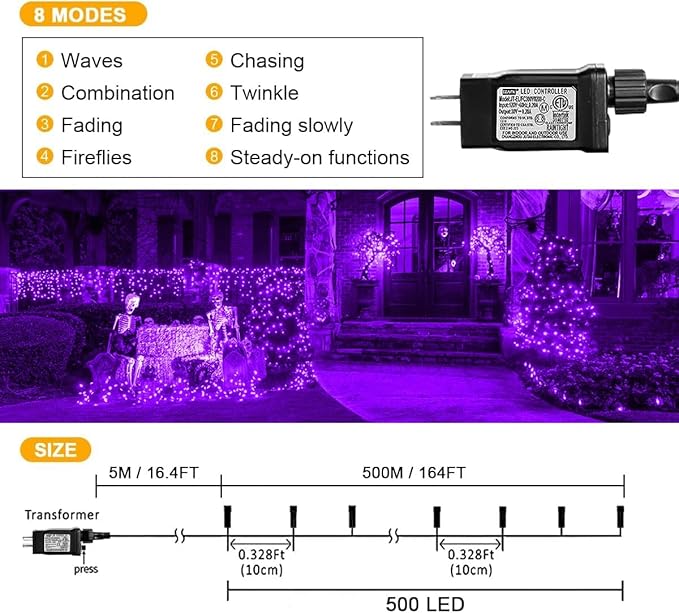 weillsnow 164FT 500 LED Purple Christmas Lights, 8 Modes Waterproof Plug in String Lights for Halloween Christmas Indoor Outdoor Yard Party Wedding Garden Home Decorations (Purple, 164FT)-VerdiqueGarden
