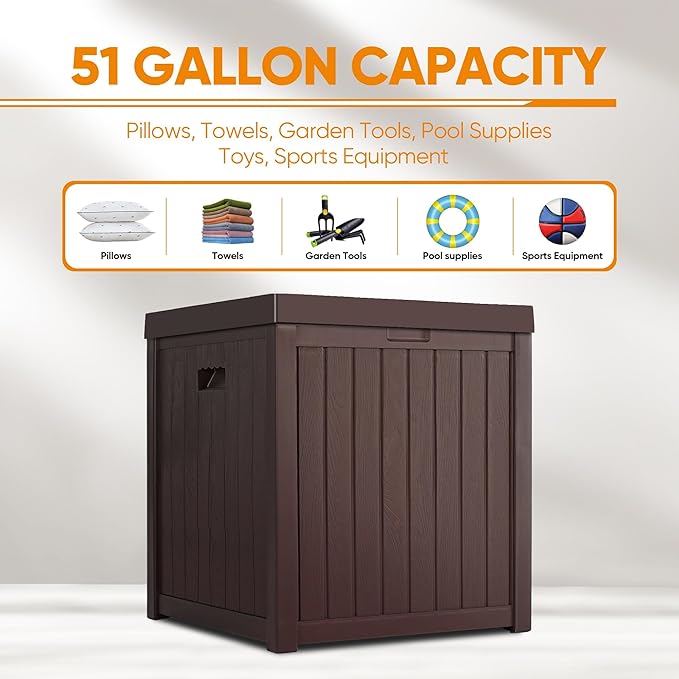 51 Gallon Resin Deck Box, Outdoor Storage Box Waterproof for Patio, Garden, Pool, and Deck, Storage Solution for Cushions, Tools, Delivery Packages, Brown-VerdiqueGarden