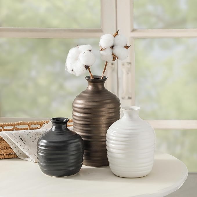 Ceramic Vase Set of 3 Decorative Vase for Home Decor Modern Farmhouse Decor Pottery Neutral Vases for Living Room Bathroom Table Mantel Fireplace Entryway Shelf (02-Metallic)-VerdiqueGarden