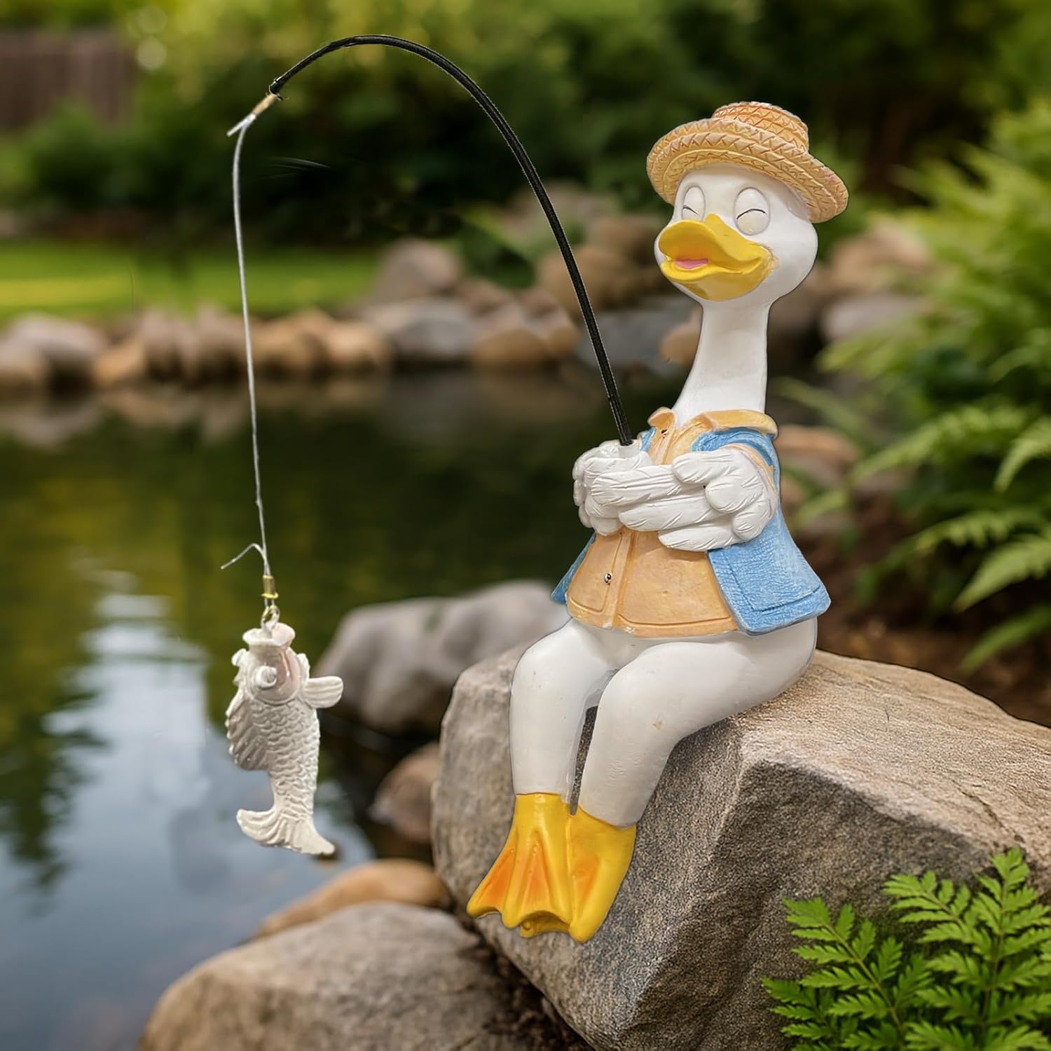 Duck Fishing Statue Garden Decor – 9.8" Weatherproof Resin Duck Fishing Sculpture Decor for Fish Ponds, Koi Ponds, Waterfalls, Poolside & Outdoor Gardens– Resin Figurine for Indoor & Outdoor Décor-VerdiqueGarden
