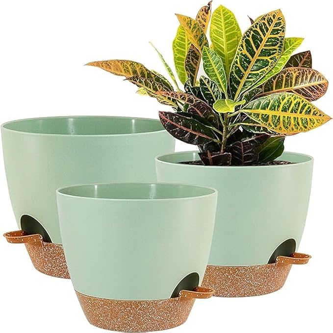 10/9/8 inch Self Watering Pots, Set of 3 Plastic Planters with Mesh Drainage Holes and Deep Reservoir for Indoor Outdoor Garden Plants and Flowers, Green with Brown-VerdiqueGarden