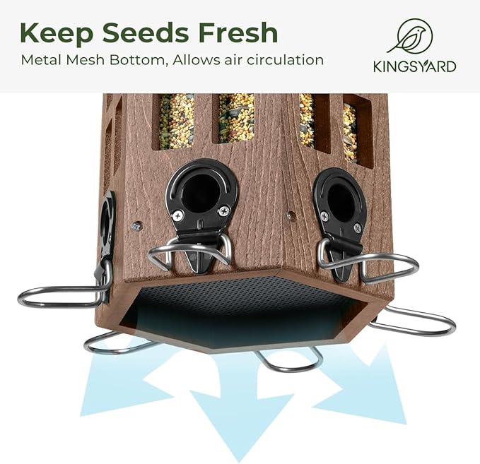 Kingsyard Wild Bird Feeder for Outdoor Hanging, Recycled Plastic Bird Feeders with 6 Ports & U-Shape Perch, Garden Yard Outside Decoration, 3.5 lbs Seed Capacity, Brown-VerdiqueGarden