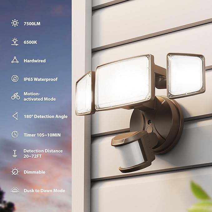 Onforu 75W LED Motion Sensor Outdoor Lights, Dusk to Dawn Flood Light Outdoor Motion Sensor, Hardwired Security Lights Floodlights Outside 7500LM 6500K Daylight IP65 Waterproof (Brown)-VerdiqueGarden