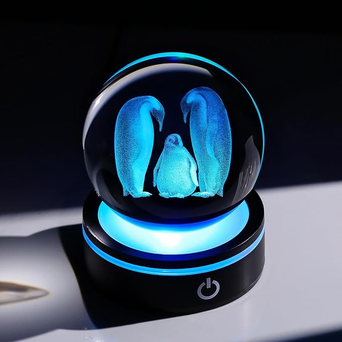 YWHL 3D Crystal Ball Penguin Figurine with LED Base Laser Penguins Gifts for Women Men on Christmas Birthday Decorative Penguin Statue Ball Glass Animals Globe Night Light for Home Decor (80mm)-VerdiqueGarden