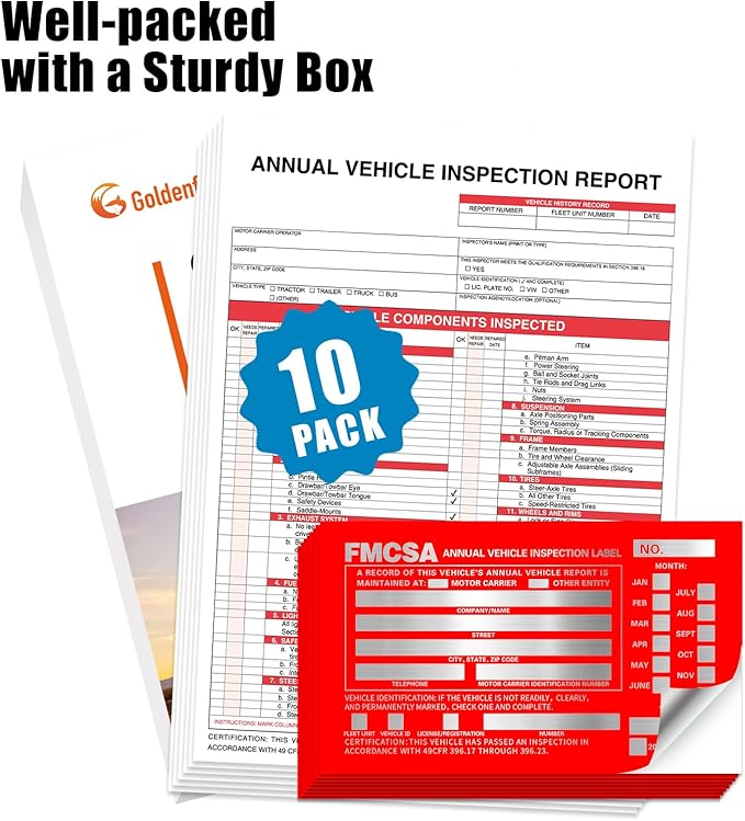 Goldenfox DOT Inspection Forms and Stickers,10-Pack,3-Ply Carbonless Annual Vehicle Inspection Report Form(8.5" x 11.75) with Red Exterior Aluminum Inspection Label(6"x3.5"), Permanent Adhesive.-VerdiqueGarden