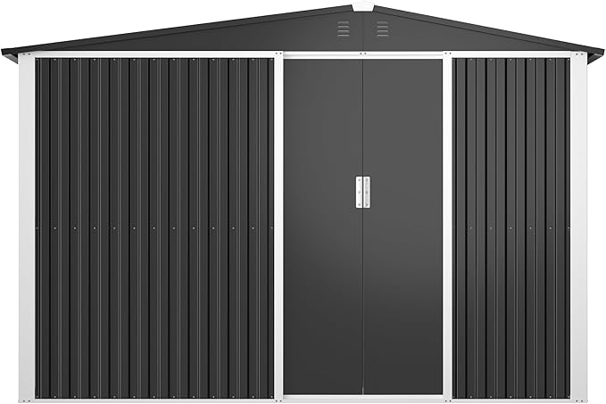 Metal Outdoor Storage Shed 10FT x 6FT with Firewood Storage, Steel Utility Tool Shed Storage House with Sliding Door, Metal Sheds Outdoor Storage for Backyard Garden Patio Lawn, Black-VerdiqueGarden