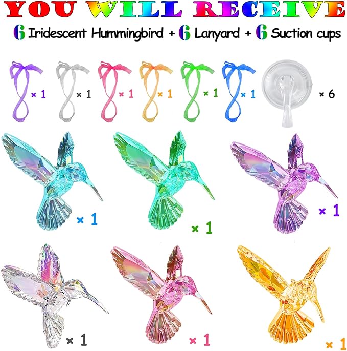 6 Pcs in 6 Colors Set Shiny Iridescent Hummingbird Hanging Ornaments with Suction Cup, Clear Acrylic Crystal Art Hummingbird Figurines Pendants Decorations for Christmas Xmas Tree.-VerdiqueGarden