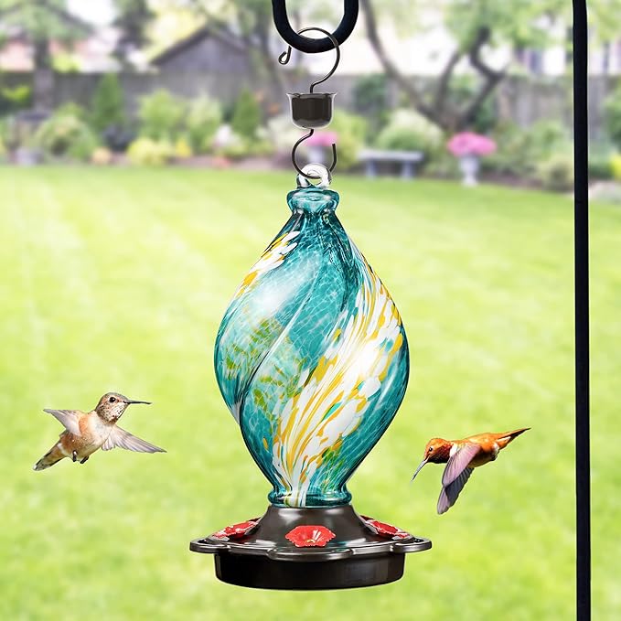 LUJII Ice Cream Shaped Spiral Hummingbird Feeder for Outdoors Hanging, Hand Blown Glass, 28 fl.oz, Leak Proof & Rustproof, Includes an Ant Moat with Hook, Unique & Stylish Glass Art & Decor (Teal)-VerdiqueGarden