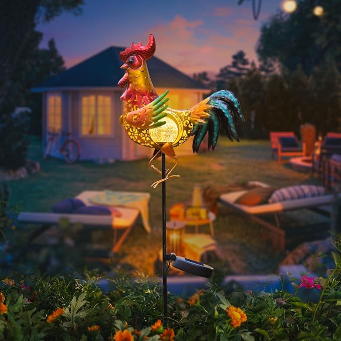 Tryme Rooster Solar Lights Outdoor Decorative Garden Statue Gifts for Chicken Lovers Women Mother Metal Yard Art for Lawn-VerdiqueGarden