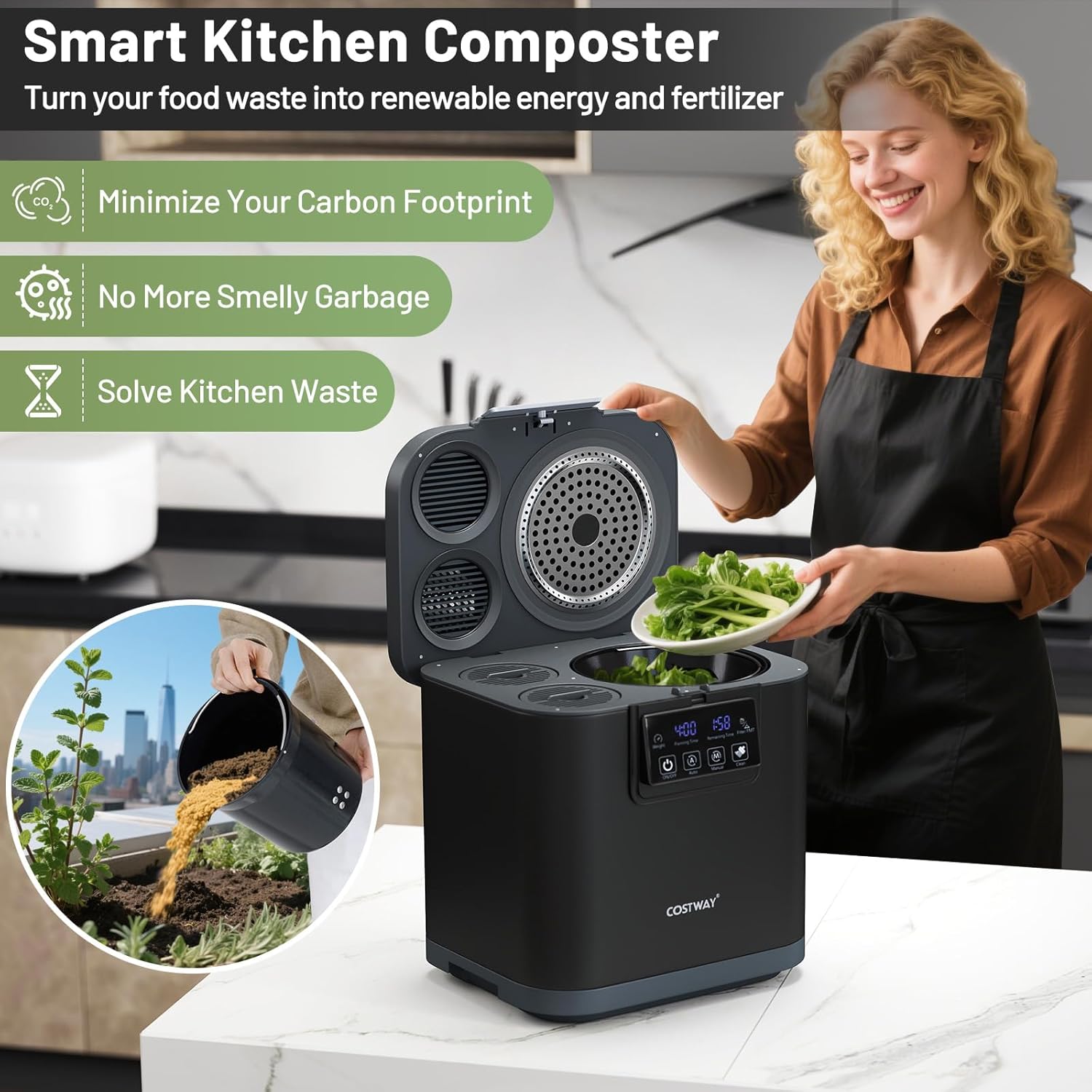 COSTWAY 4L Electric Composter for Kitchen, Smart Waste Dispenser Countertop Compost Machine w/Replaceable Filters, Auto-Cleaning, LED Display, Indoor Compost Bin, Turn Food Waste to Dry Fertilizer-VerdiqueGarden