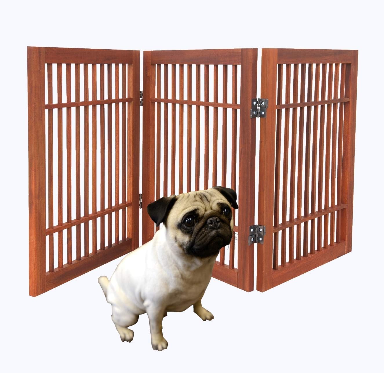 Pet Dog Gate Strong and Durable Freestanding Folding Acacia Hardwood Portable Wooden Fence Indoors or Outdoors by Urnporium (Brown Pet Gate, 3 Panel 24" Tall)-VerdiqueGarden