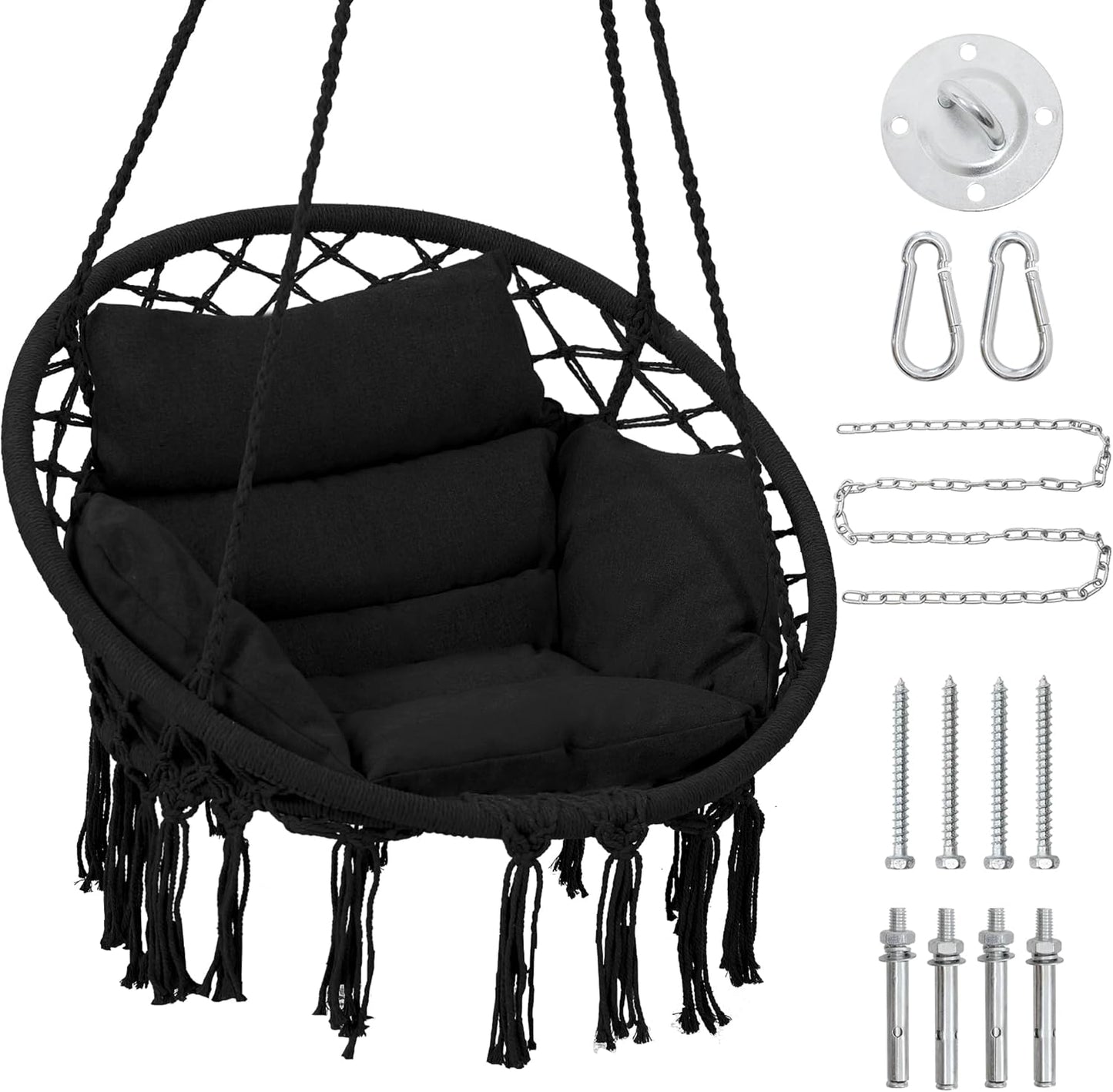 Macrame Hammock Hanging Swinging Chair with Medium Cushion, Perfect for Bedroom, Porch, Adults, Balcony, Black-VerdiqueGarden