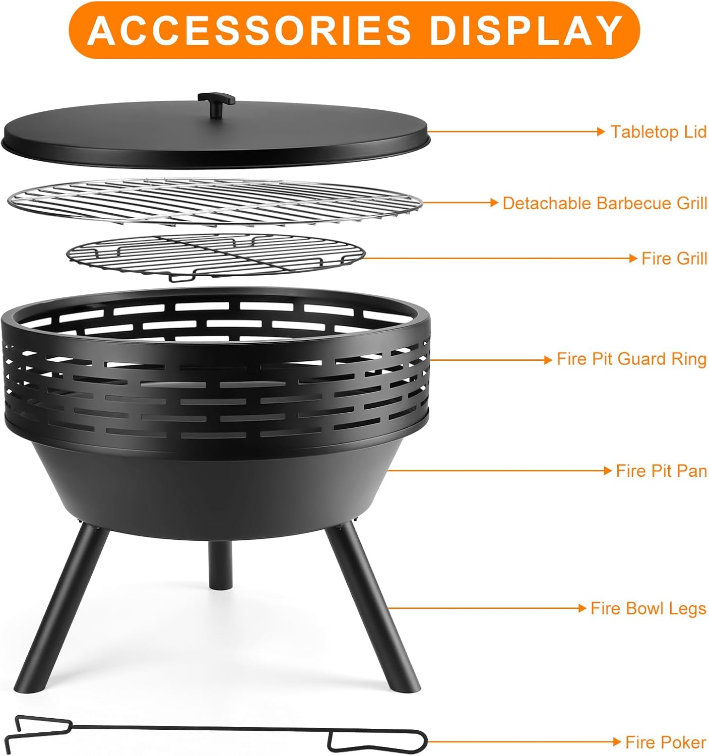 23 Inch Cast Iron Round Fire Pit with Grill, 3-in-1 Outdoor Fire Bowl, Fire Pit Table with Metal Lid and Fire Poker, Wood Burning Firepit for BBQ Bonfire Patio Picnic-VerdiqueGarden