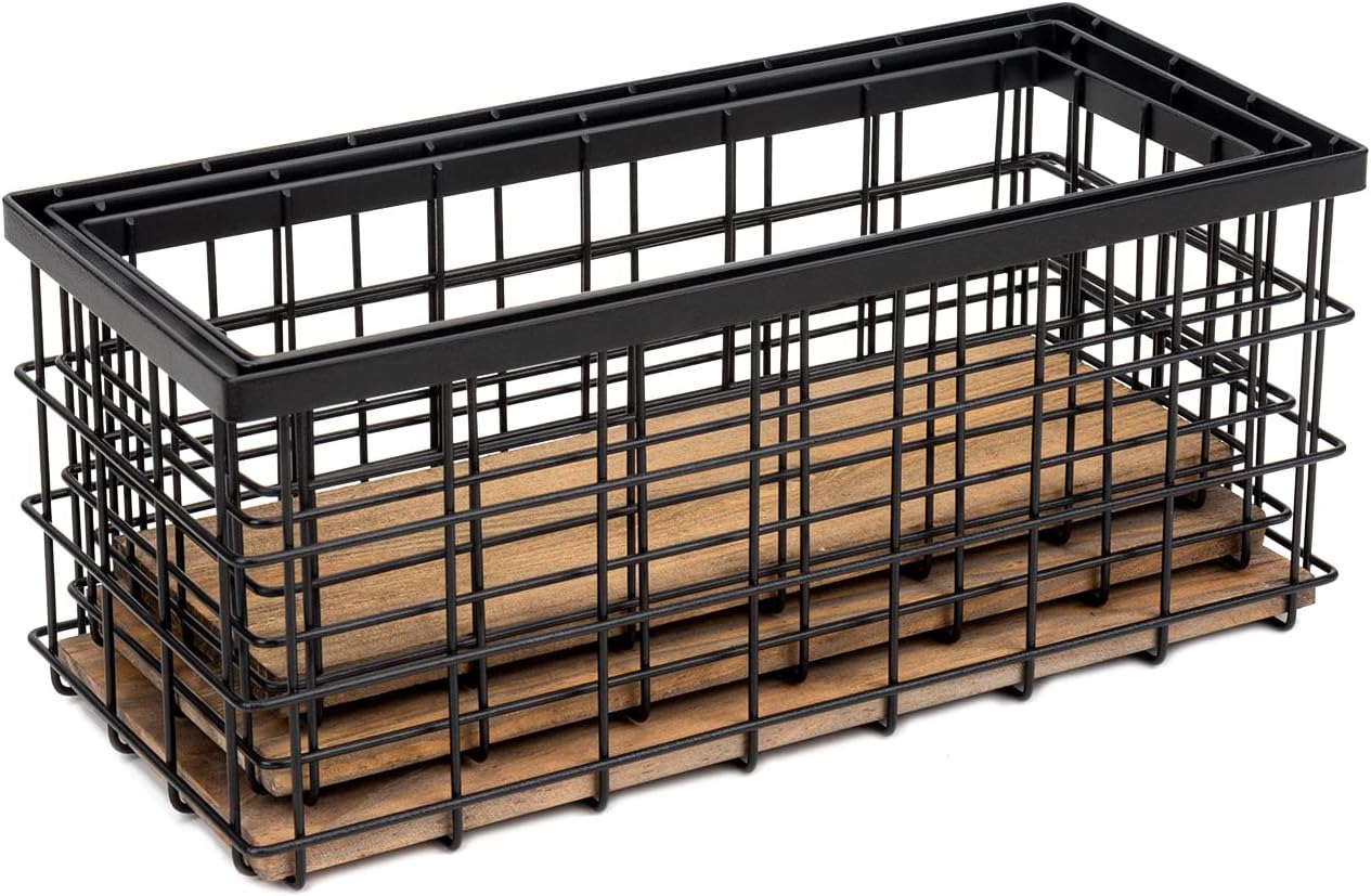 TIEYIPIN Farmhouse Decor Metal Wire Storage Baskets, Wood Base Containers Organizing Basket Caddy Bin for Kitchen Cabinets, Bathroom, Pantry, Garage, Laundry Room, Closets - Small - Black (Set of 3)-VerdiqueGarden