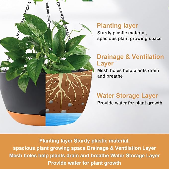 10 inch Plant Pot Hanging Planters Self Watering Pots for Indoor Plants, 3 Pack Plastic Hanging Basket with Removable Tray for Home Garden Porch Balcony Patio Decor(Black)-VerdiqueGarden