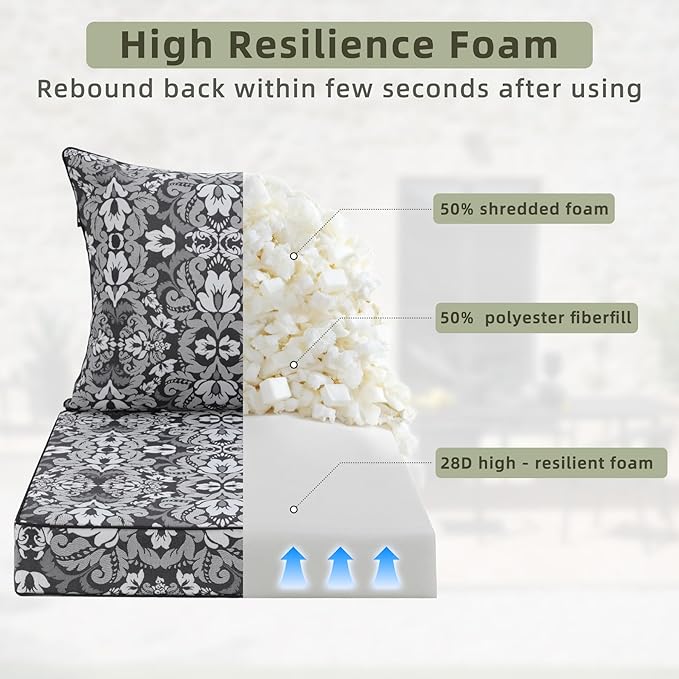 Favoyard Outdoor Seat Cushion 22 x 22 x 3 in Waterproof Pattern Fade Resistant Cover Removable Patio Furniture Cushions Deep Seat & Back Cushion Set with Adjustable Straps for Patio Chair Sofa Couch-VerdiqueGarden