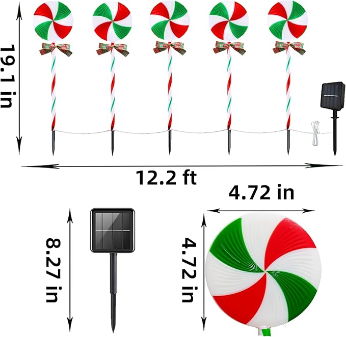 10 Packs Christmas Pathway Lollipop Lights with Bow Tie Solar Powered Outdoor Waterproof Xmas Candy Cane Path Landscape Decorative Stake Lights 2 Solar Panel + 10 Lights-VerdiqueGarden